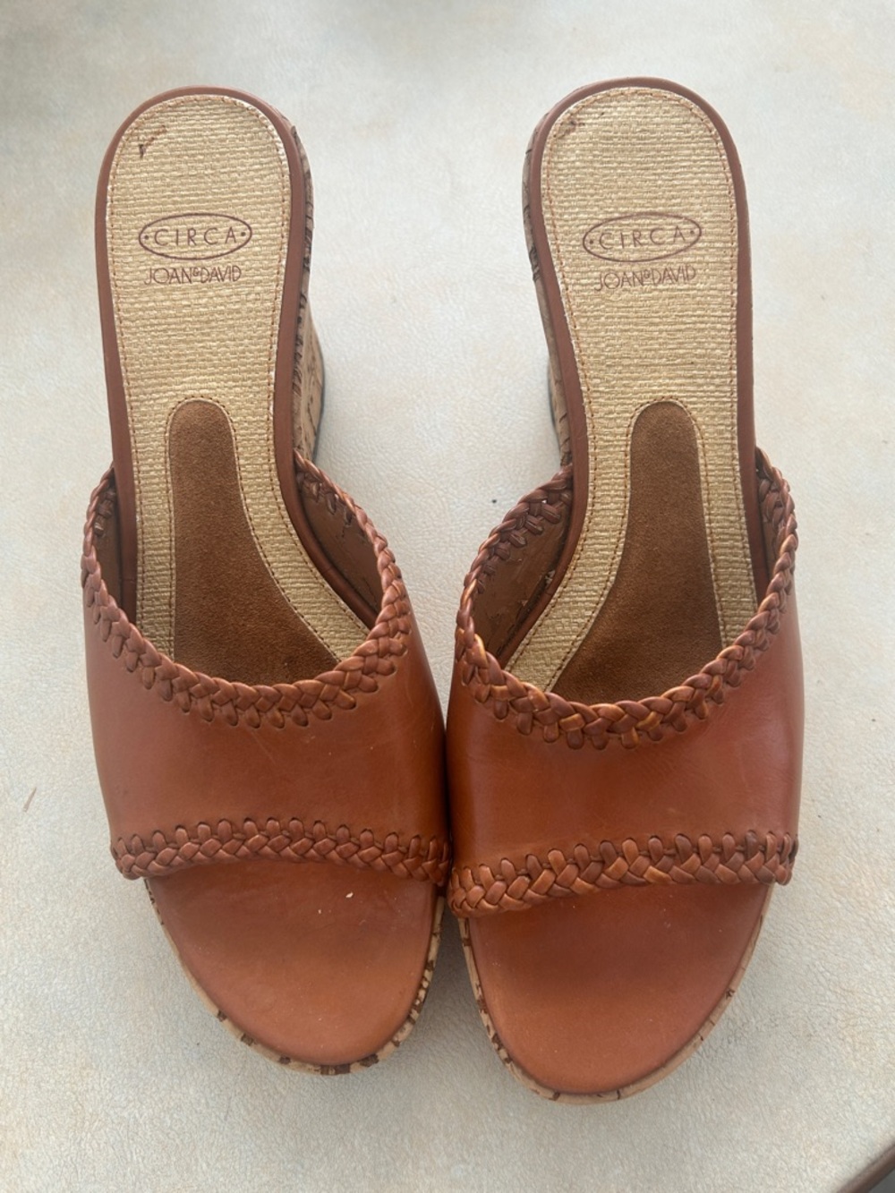 Joan & David Cognac Leather Braided Slide Wedges